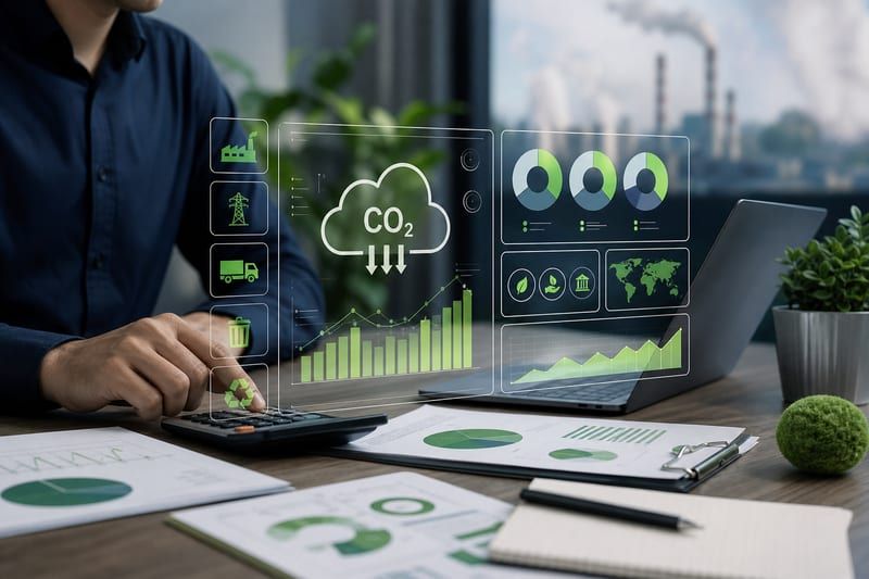 Analyst workspace with greenhouse gas emissions data visualizations and carbon footprint charts.