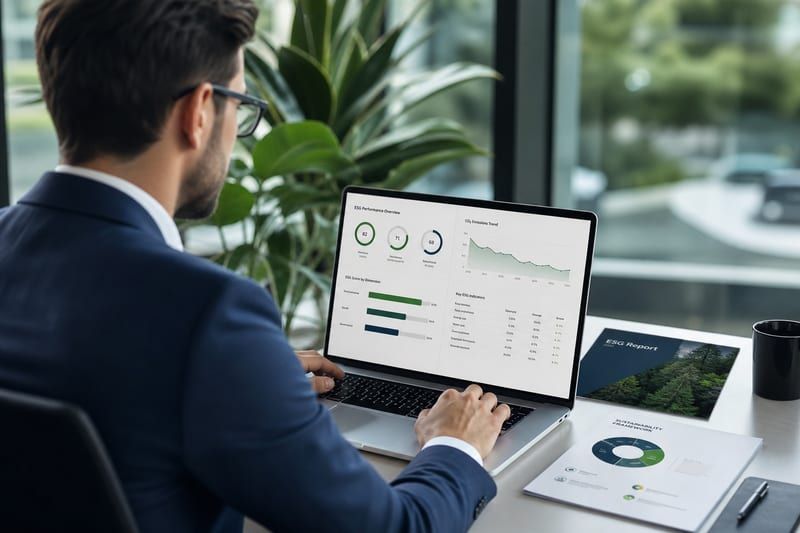 Professional reviewing ESG disclosure charts and sustainability reporting dashboards.