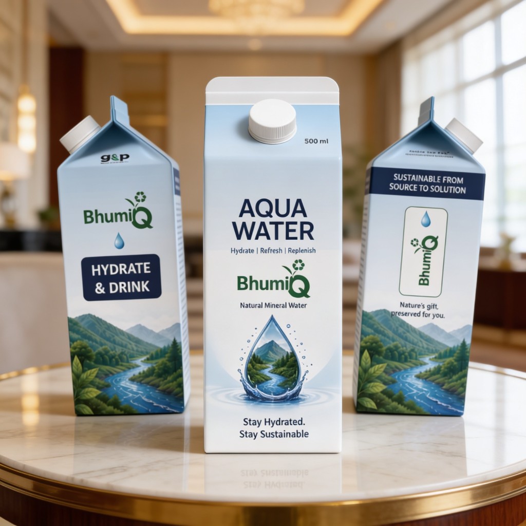 Bhumiq mineral water tetra packs on a marble surface with aqua tones.