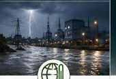 Lightning over industrial facility near water